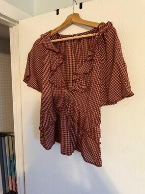 Old Navy Burgundy Gingham Ruffle V-Neck Blouse